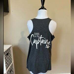 Dibs on the Captain racer back tank top - new, no tags. Heather blue and white.